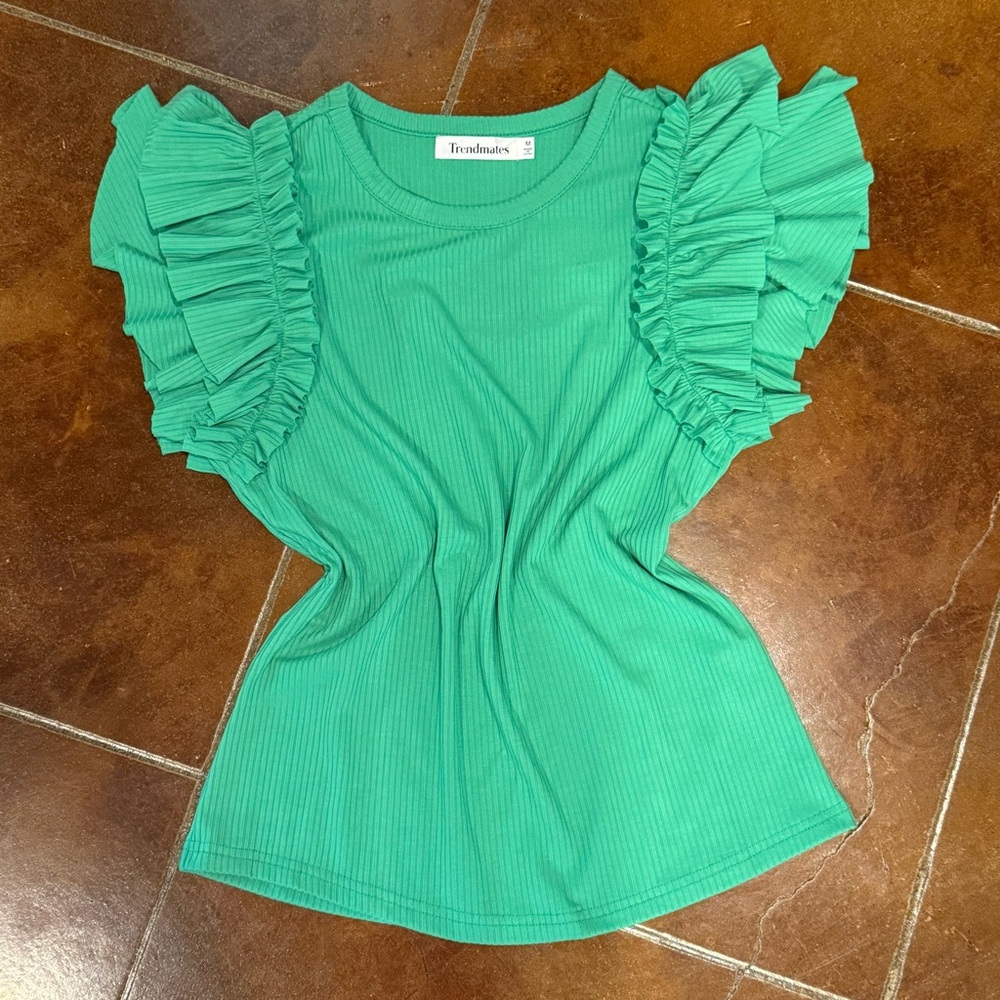 Green Ruffle Flutter Sleeve Blouse Office Business Casual Lettuce Style